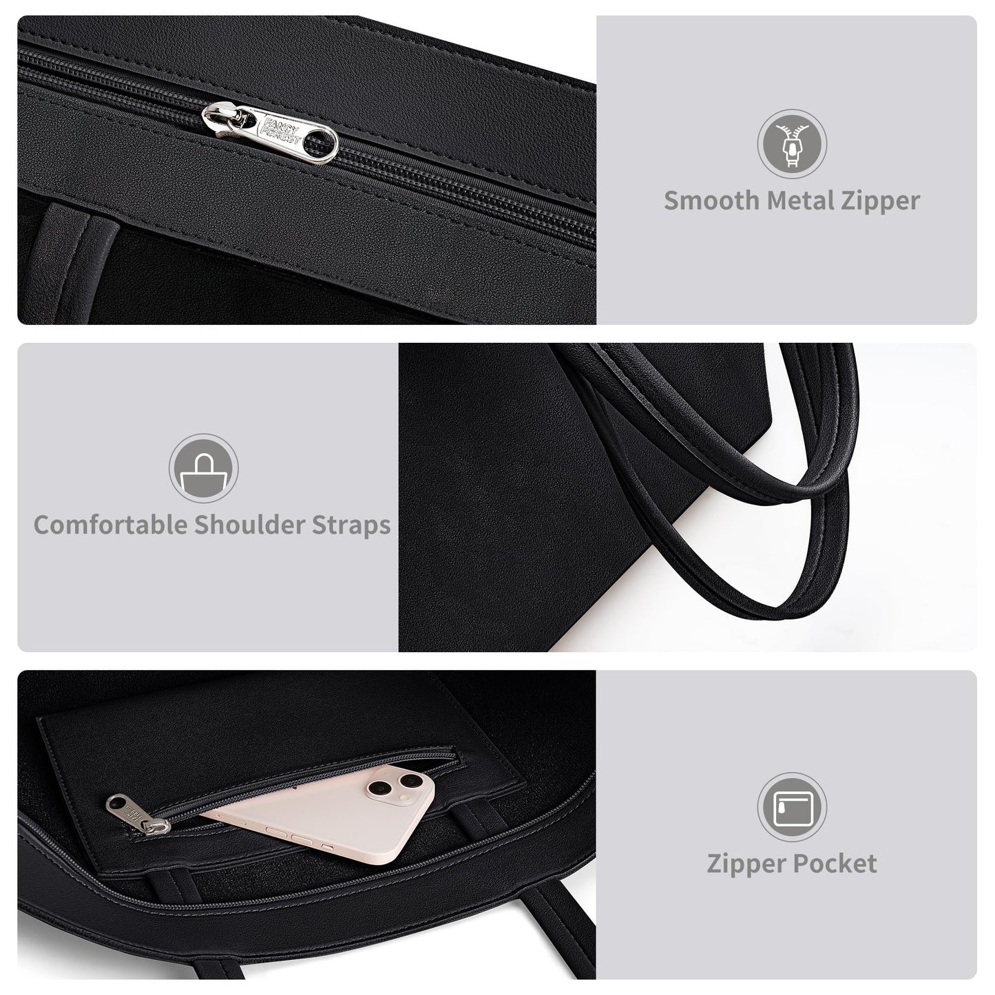 KALIDI Tote Bag Handbags for Women Large shoulder bag with Zipper Waterproof PU Women's Totes Ladies Bag for Work School Travel Daily Use (Black)