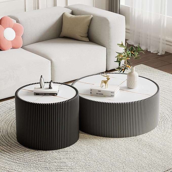 2-Piece Round Nesting Coffee Table Set, 29.52" Marble Coffee Table and End
