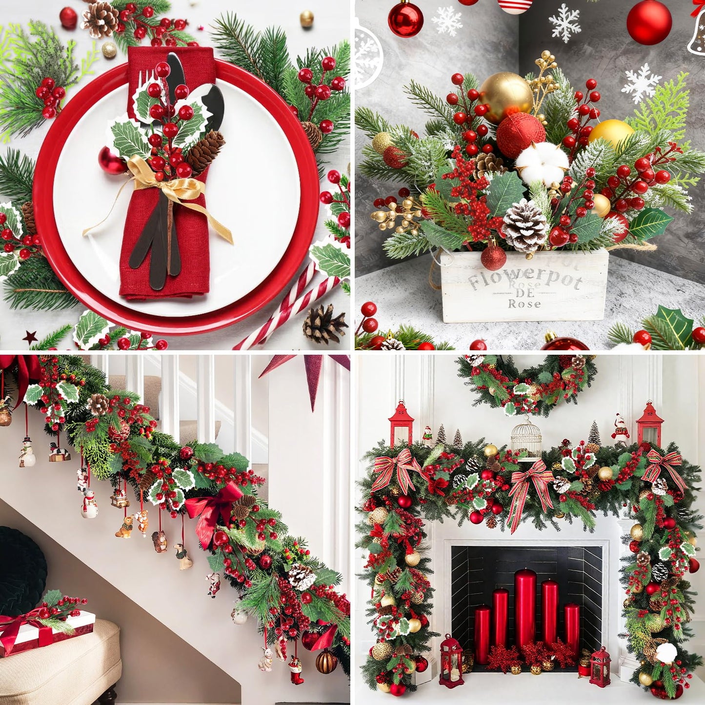 MEMOVAN Christmas Picks and Sprays Artificial Pine Needles Branches Berries Red Stems with Red Berry Pinecone Holly Xmas Floral Picks for Crafts Flower Arrangement Wreath Holiday Xmas Tree Decor-12PCS