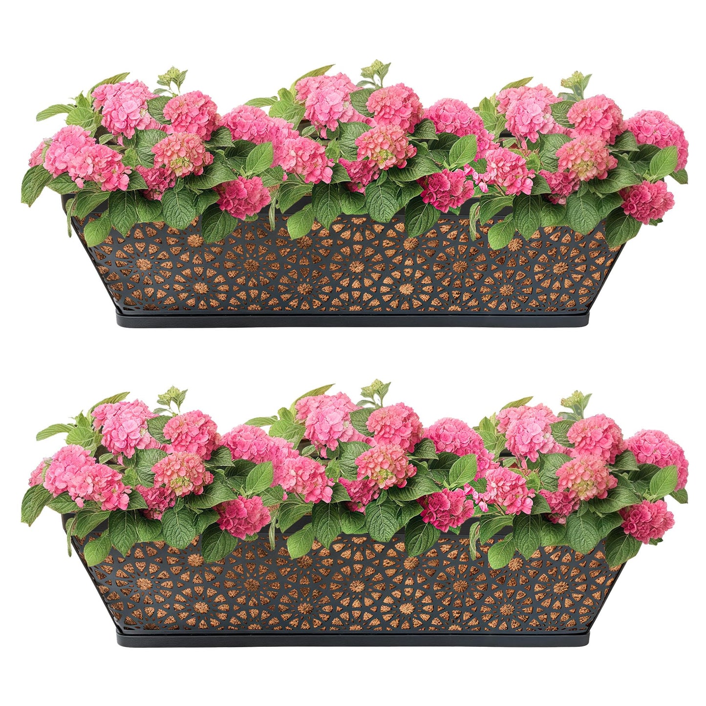 ZVOWOS Black Metal Railing Planter Window Box (2 Pack, 24 Inch) Horse Trough Planter with Coco Fiber Liner Deck Balcony Rail Planters for Porch Fence Patio Outdoor Garden Décor