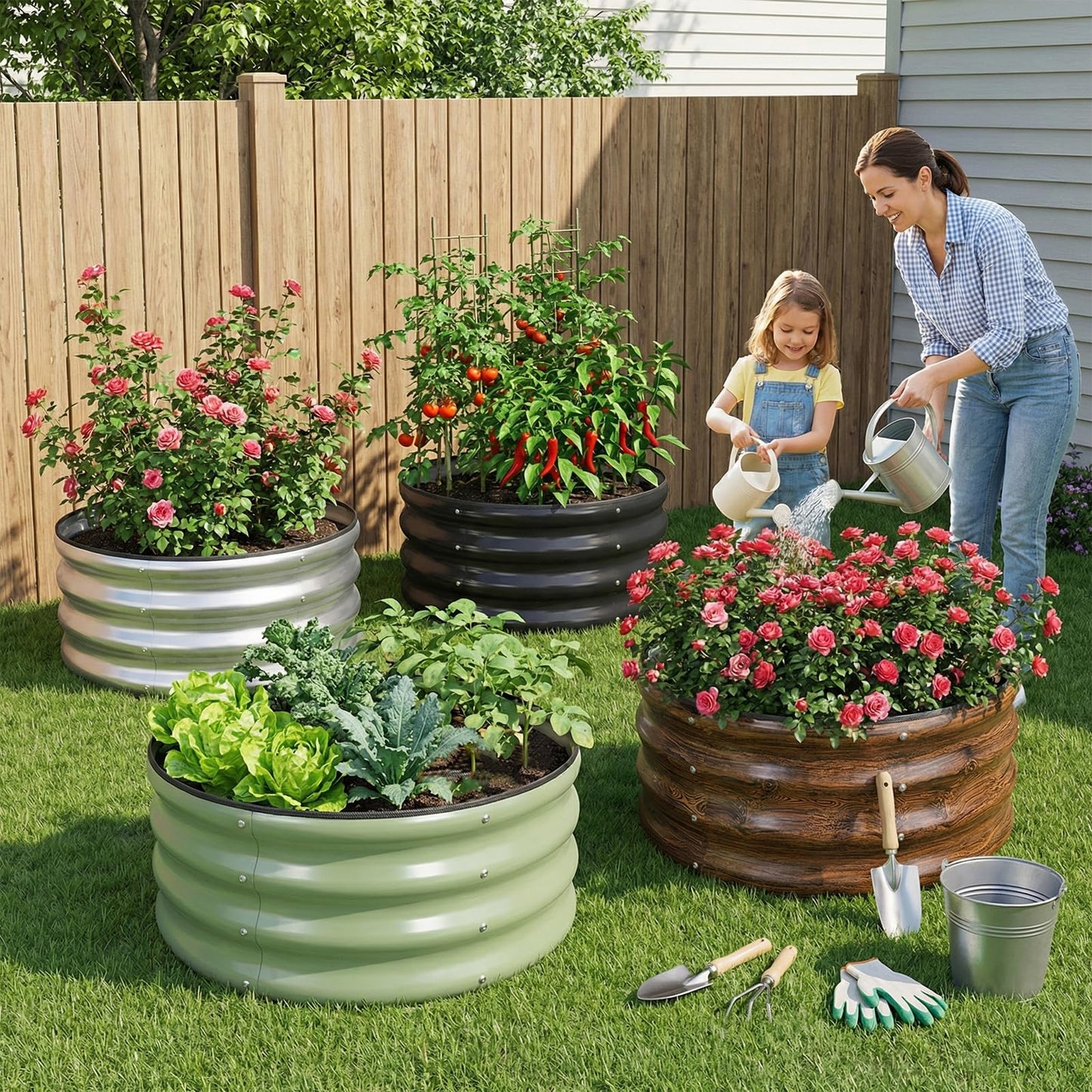Permade Galvanized Raised Garden Bed- 2Pcs Metal Planter Boxes Outdoor | 12" Tall 24" Round Steel Raised Bed Kit & Fire Pit Ring for Gardening with Protective Tape for Vegetables, Flower (Sliver)