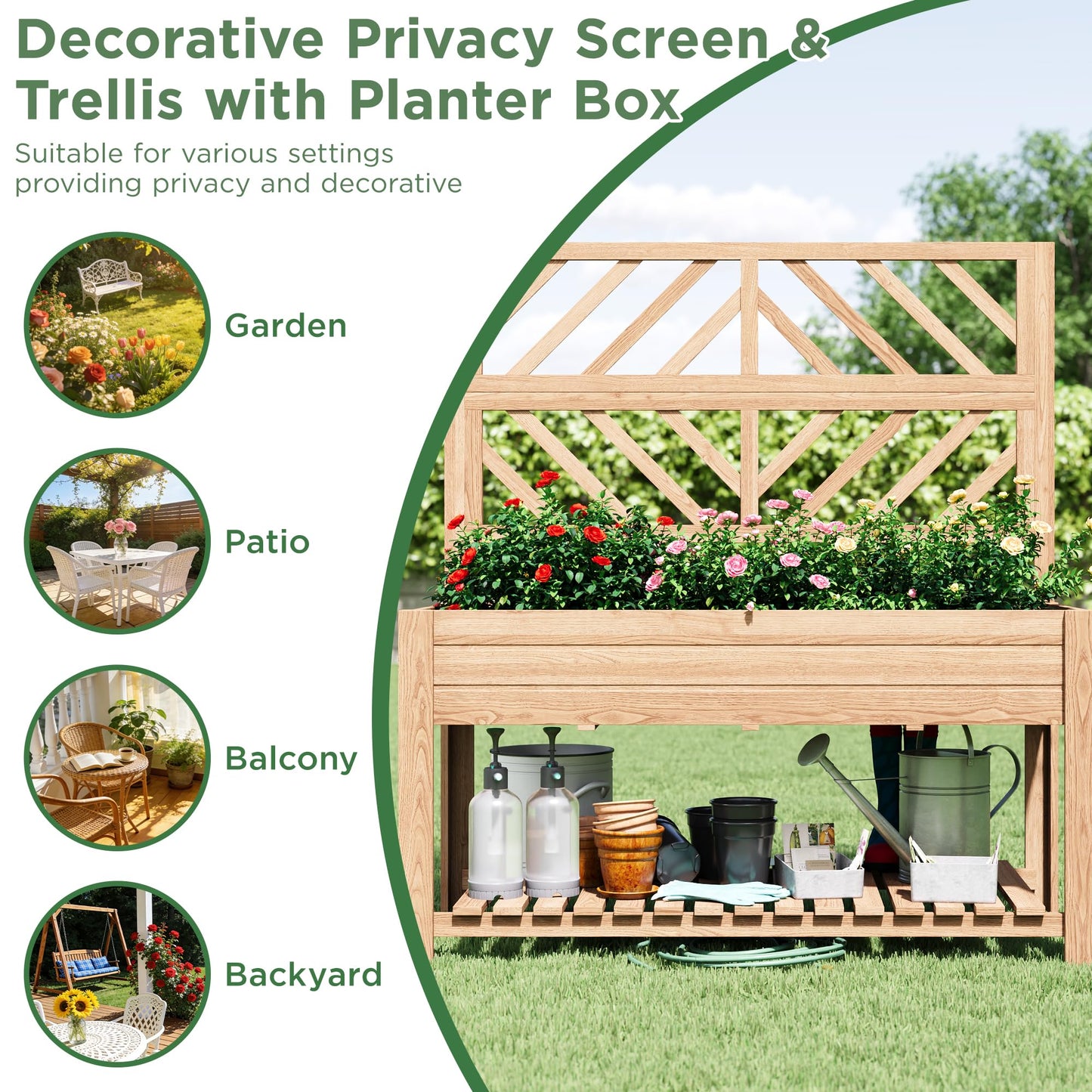 Vabches Wooden Elevated Raised Garden Bed with Trellis,47x24x55 in Planter Box with Legs and Storage Shelf,FreeStanding Gardening Planter for Flower Herb Vegetable Fruit Climbing Vines