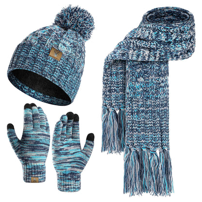 Womens Winter Warm Beanie Hat Touchscreen Gloves Lone Neck Scarf Set with Fleece Lined Pom Skull Cap Gift for Women 3PCS