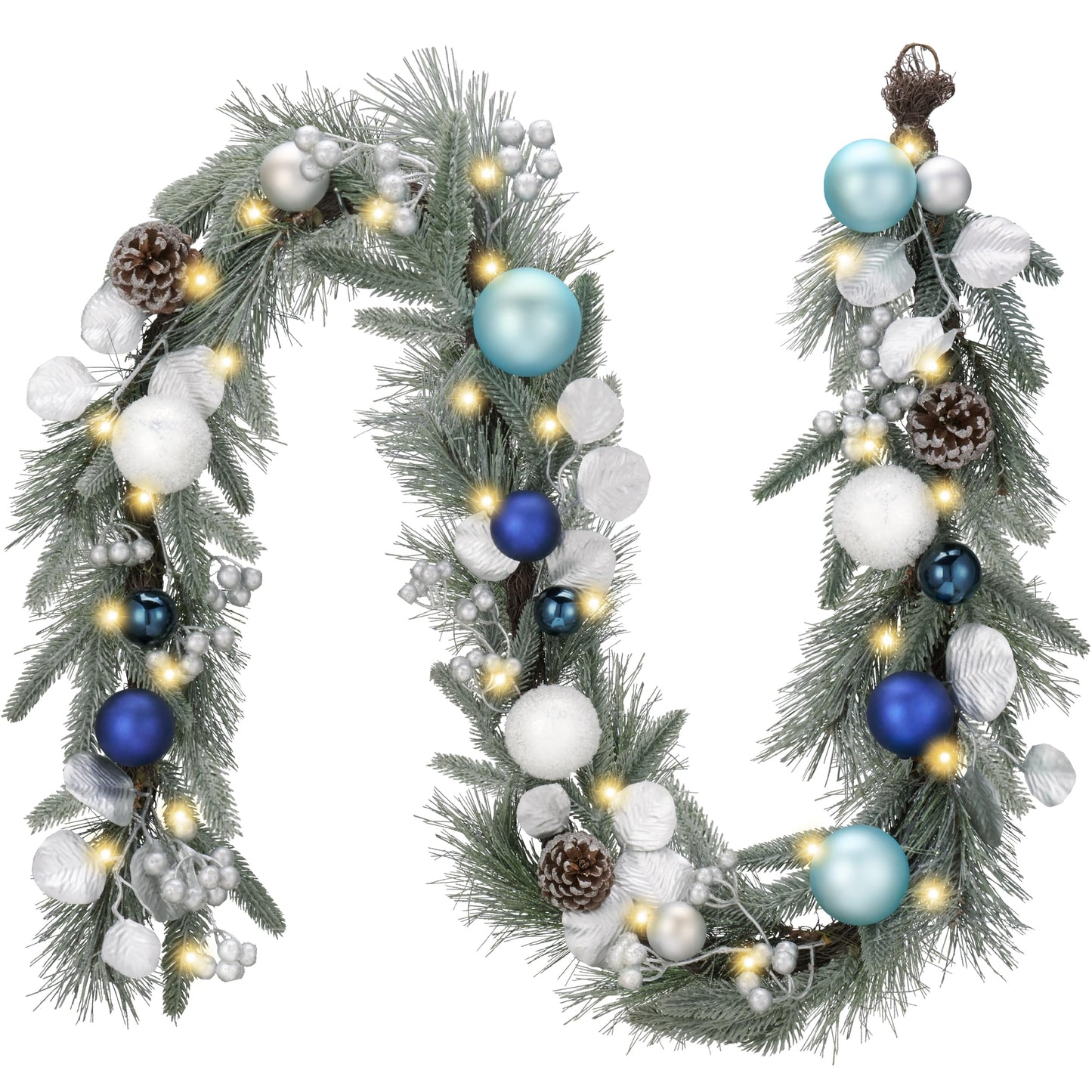 Valery Madelyn 6 Ft Pre-Lit Christmas Garland with Lights for Mantle, Lighted Outdoor Xmas Garland with Silvery Blue Balls Norfolk Pine for Home Stairs Fireplace Table Centerpiece Indoor Holiday Decor