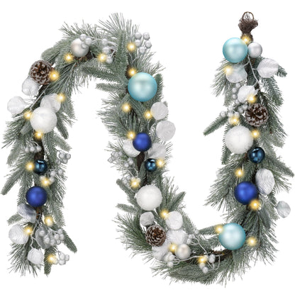 Valery Madelyn 6 Ft Pre-Lit Christmas Garland with Lights for Mantle, Lighted Outdoor Xmas Garland with Silvery Blue Balls Norfolk Pine for Home Stairs Fireplace Table Centerpiece Indoor Holiday Decor