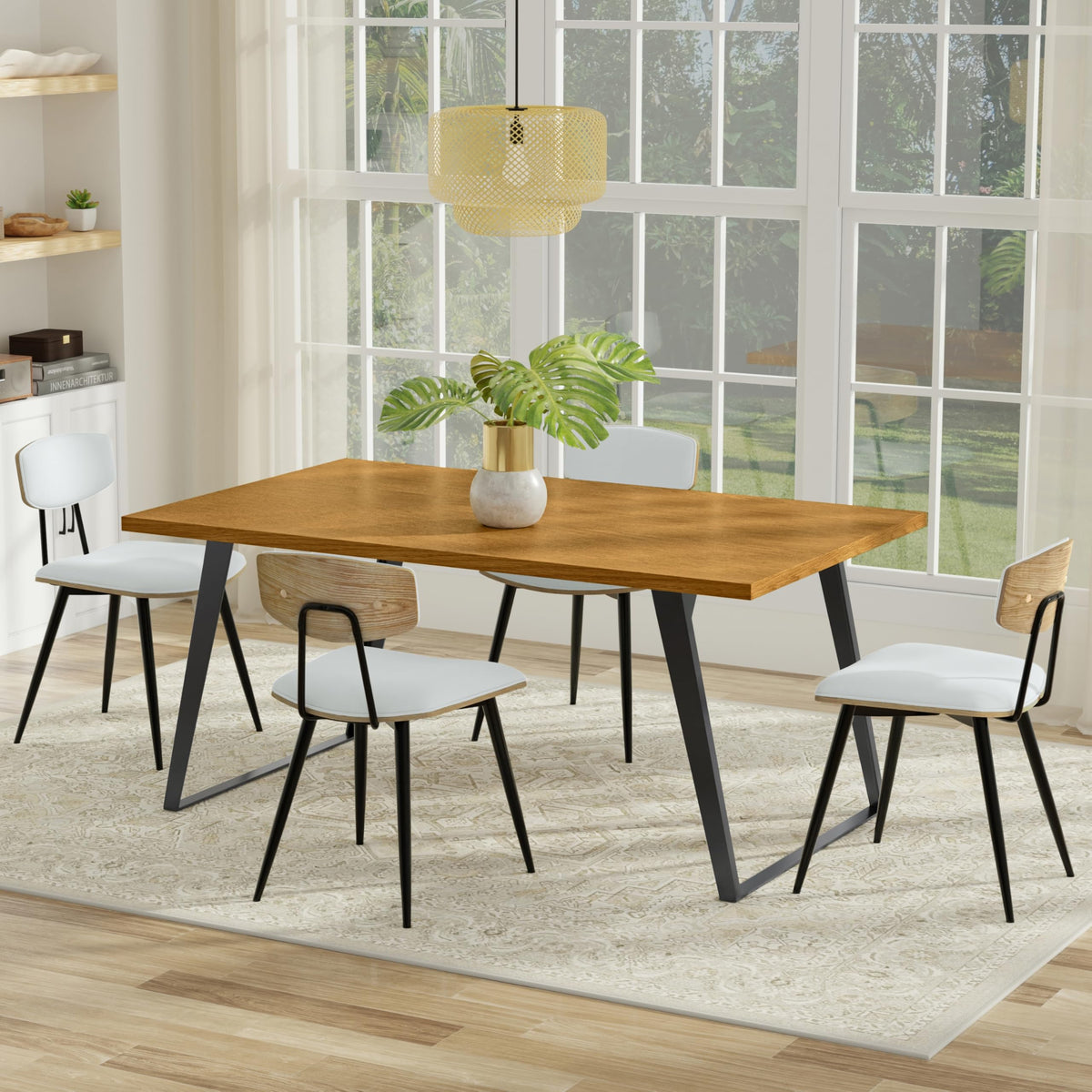 SIMPLIHOME Lowry Dining Table - 66 inch Wide Solid Wood Oak Veneer Table, Modern Industrial Style for Dining Room or Kitchen with Angled Graphite Grey Powder-Coated Iron Legs and Thick Top, Seats 6