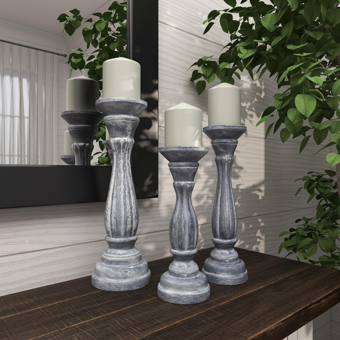 Deco 79 Wooden Decorative Candle Holder Distressed Turned Candle Stand, Set of 3 Candlestick Holder 15", 13", 11"H, Gray