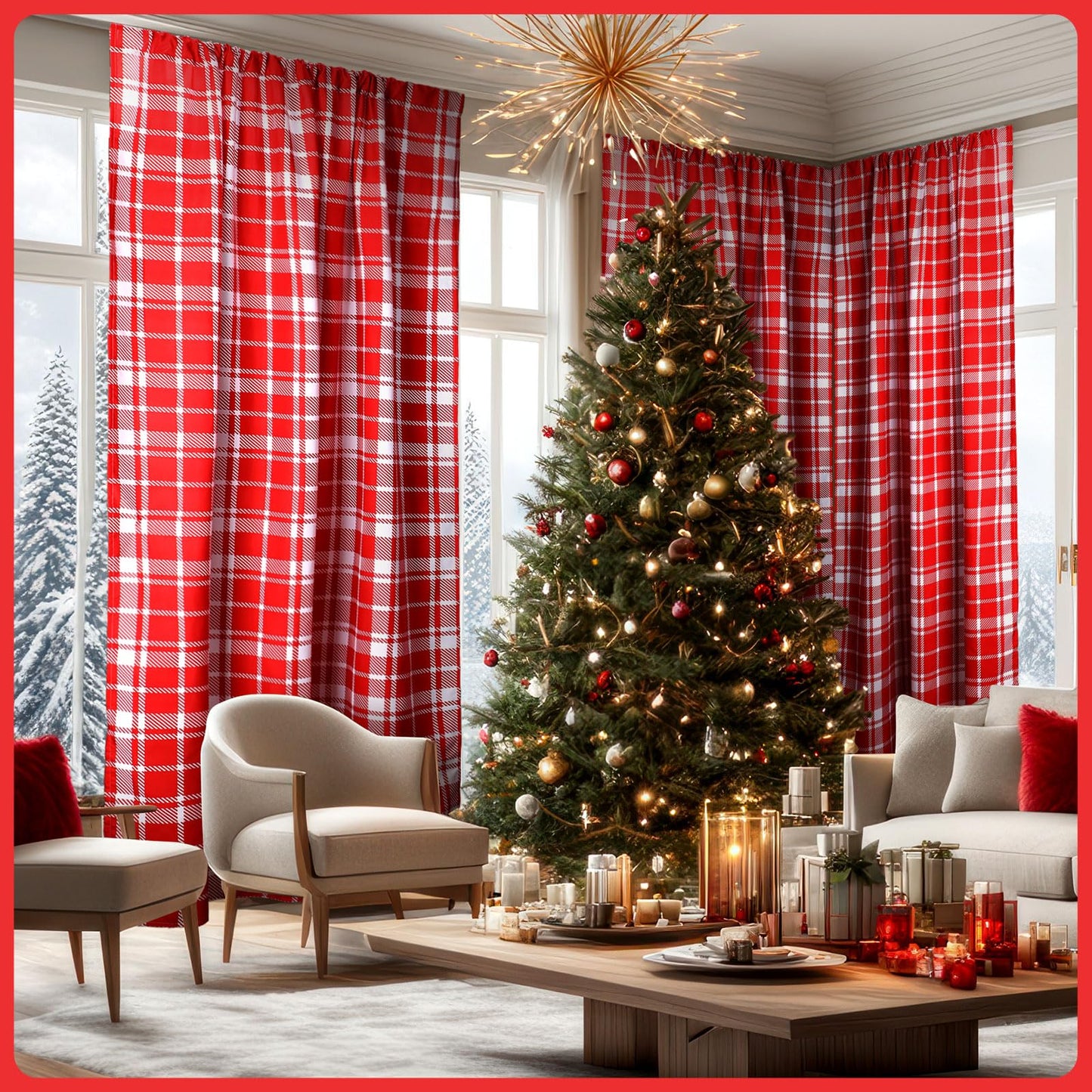 Fanfanwin Red and White Plaid Curtains Buffalo Plaid Curtain Farmhouse Valentine's Day Window Drapes for Living Room Bathroom Home Decoration