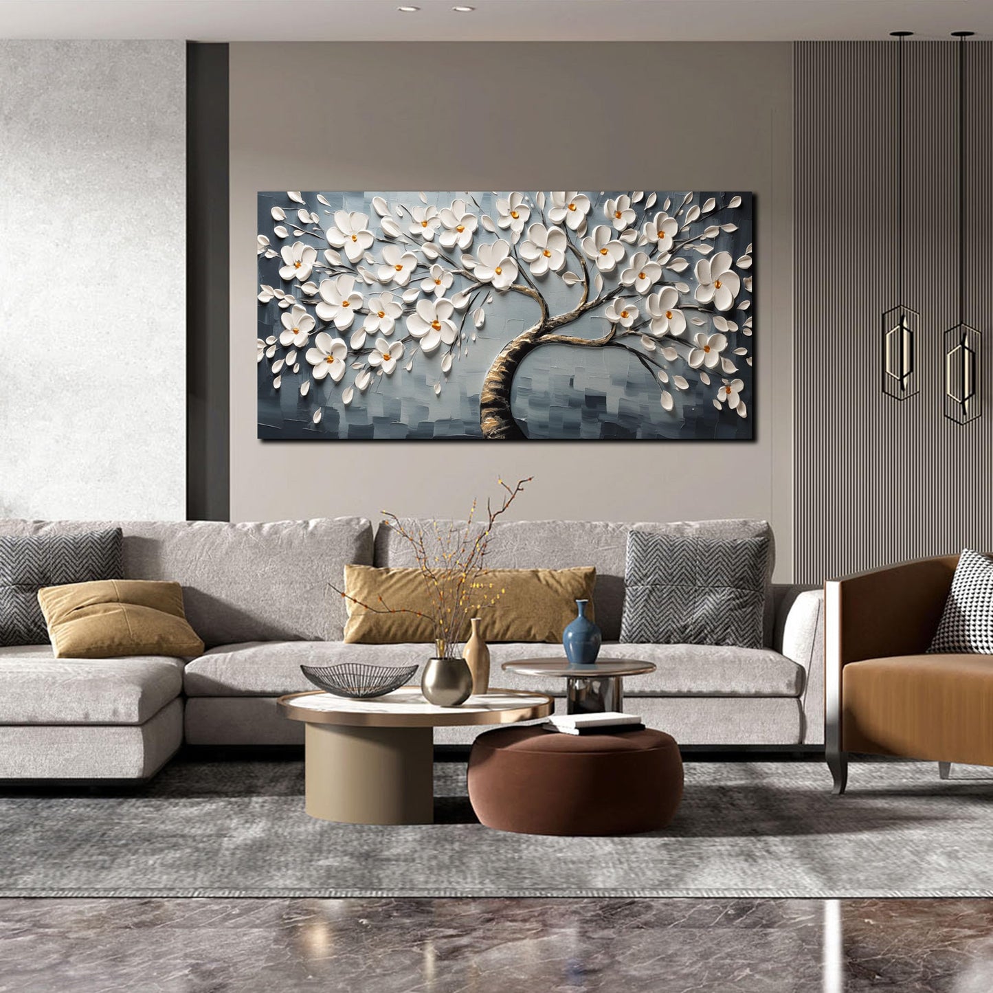 Canvas Wall Art for Living Room White Flowers Tree of Life Picture Print Paintings Large Framed Bedroom Wall Decor Artwork Modern Gallery Plant Wall Decorations Size 24x48 inch Ready to Hang