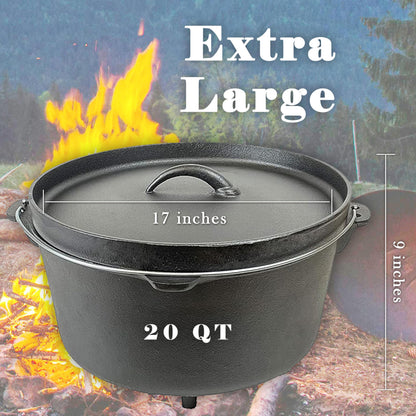 Cuisiland 20QT Cast Iron Dutch Oven with Lip Lid & Bail Handle – Extra Large Pre-Seasoned Campfire Pot for Outdoor Cooking, Baking, Roasting & Stews – Heavy-Duty Cookware for Camping & Backyard Use