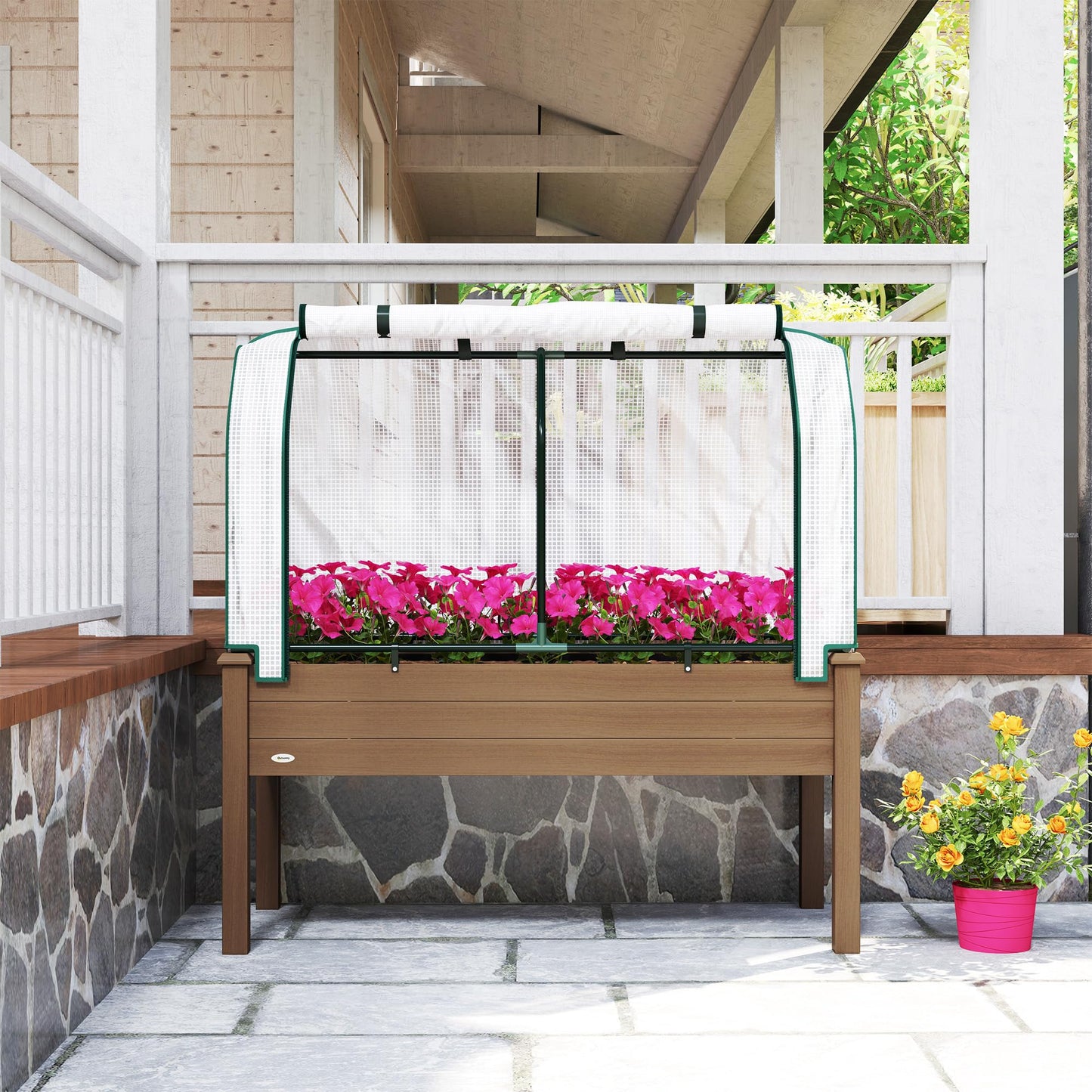 Outsunny Raised Garden Bed with PE Greenhouse Cover Outdoor Elevated Wood Planter Box for Herbs and Vegetables, Use for Patio, Backyard, Balcony, 48 x 22 x 46 inch, Brown