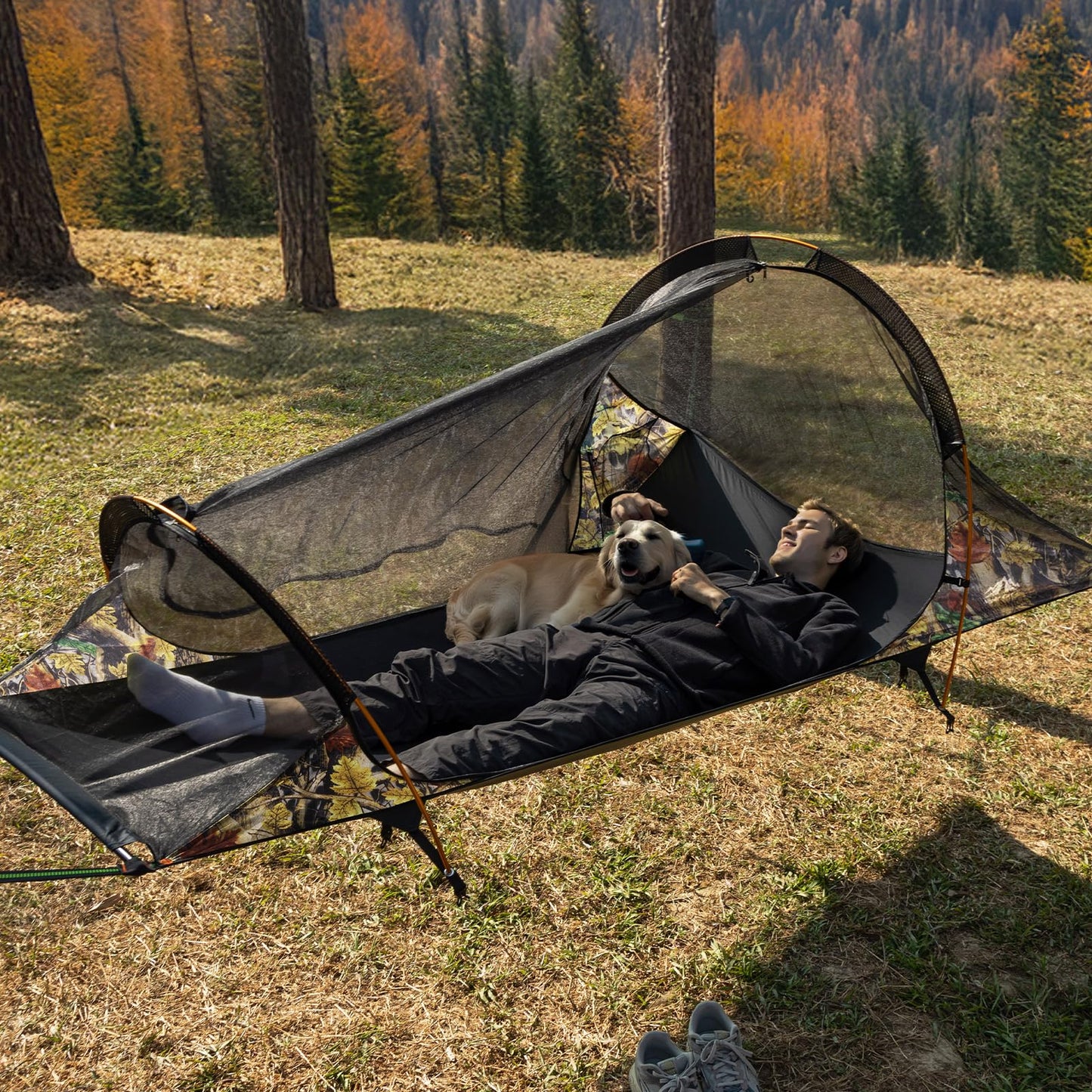 Night Cat Flat Lay Hammock Tent: Portable Lightweight Camping Hammock with Mosquito Net Waterproof Rainfly for Adults 1 Person Outdoor Camping Camouflage