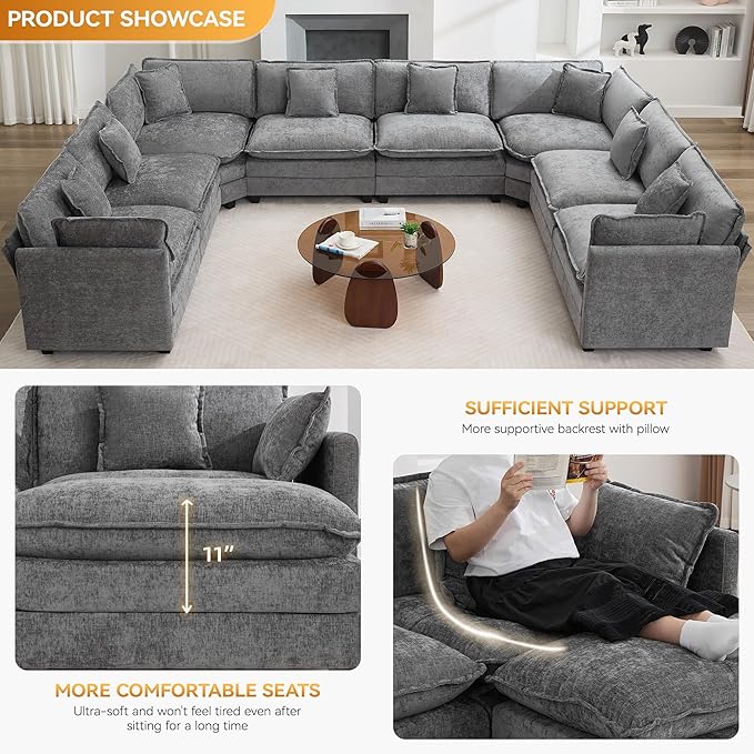 147'' Oversized U Shaped Cloud Sectional Sofa, Chenille Deep Seat Couches