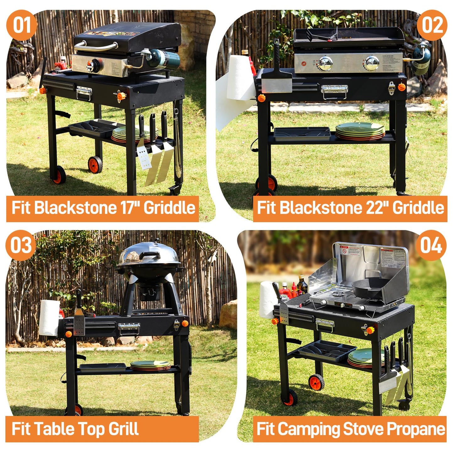 Outdoor Grill Table for Blackstone Griddle 17/22 inch, Blackstone Griddle Stand with Caddy, Folding Grill Cart for Ninja Grills, Movable Food Prep Cart with Wheels for Tailgating, Camping etc.