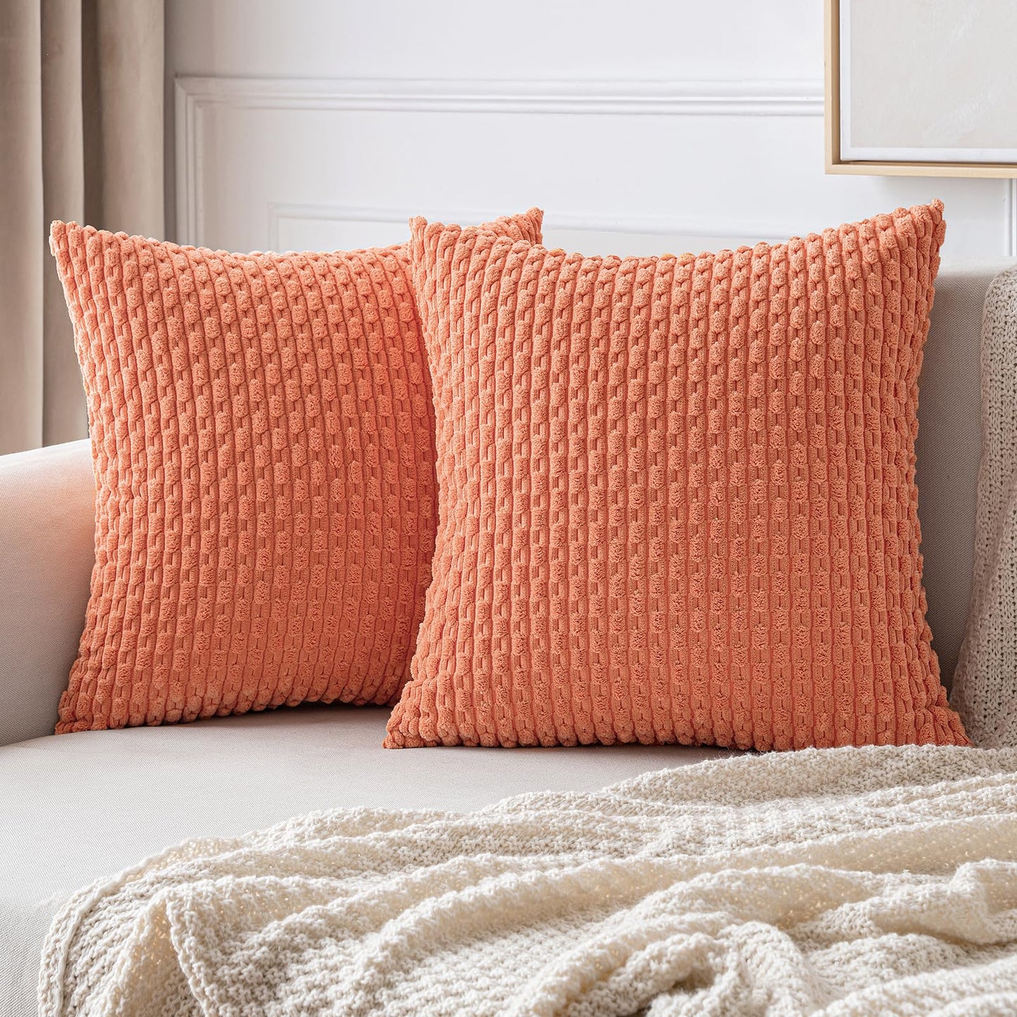 MIULEE Pack of 2 Decorative Throw Pillow Covers 18x18 Inch Soft Boho Striped Textured Corduroy Pillow Covers Modern Farmhouse Home Decor for Couch Bed Sofa Living Room Cream White