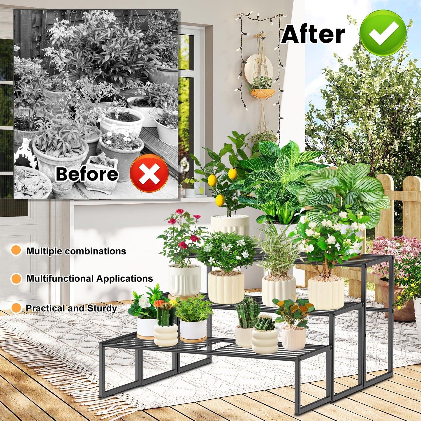 Gouisalin 3 Tier Metal Plant Stand Indoor Outdoor, Potted Multiple Flower Pot Holder Rack Plant Shelf, Heavy Duty Planter Display Shelving for Patio Balcony Garden Living Room Decorative (3 Tier- Black)
