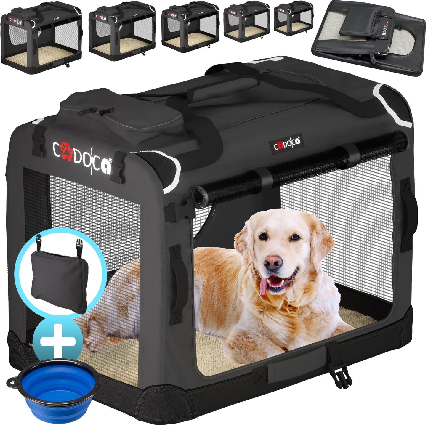 CADOCA® XL Dog Crate | 82x56x58cm | Foldable Breathable Car Pet Transport Box | Dog Travel Crate | Robust Pet Vet Holiday Cat Carrier Puppy Kitten Rabbit | Anthracite Grey