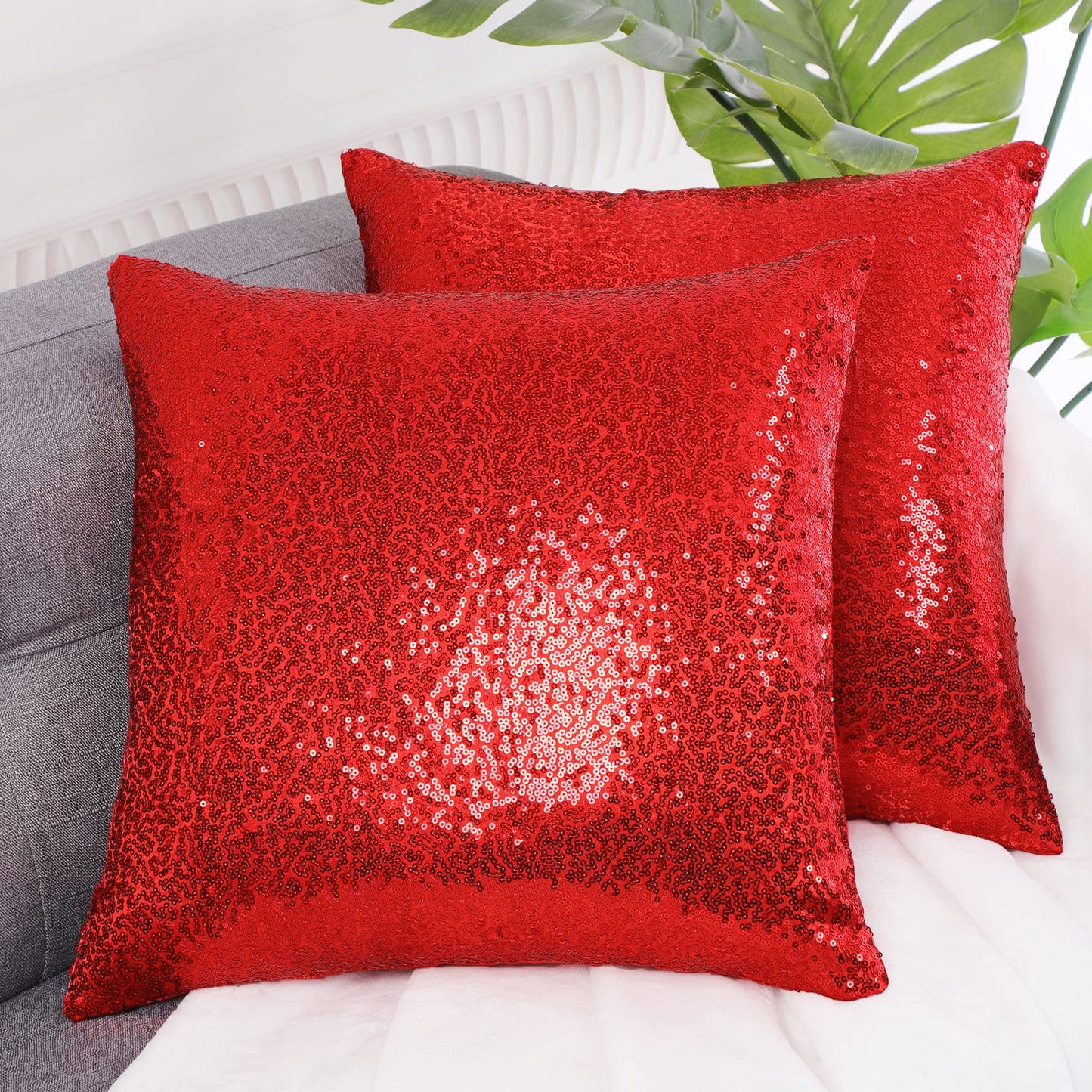 uxcell 2 Pcs Decorative Sequin Throw Pillow Cover, 16x16 Red