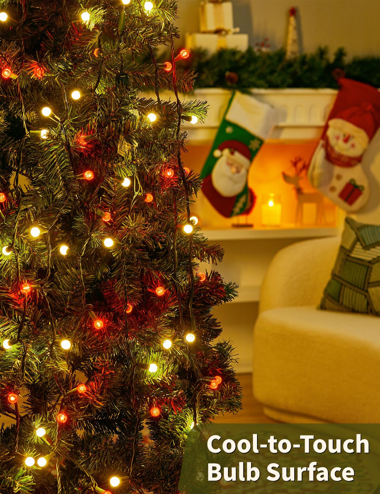 BOHON Christmas Lights 17FT 50 LED Faceted G15 Red and Warm White String Lights Outdoor Plug in Commercial Lighting Grade Tree Decorations for Indoor Xmas Decor, Green Wire, Waterproof