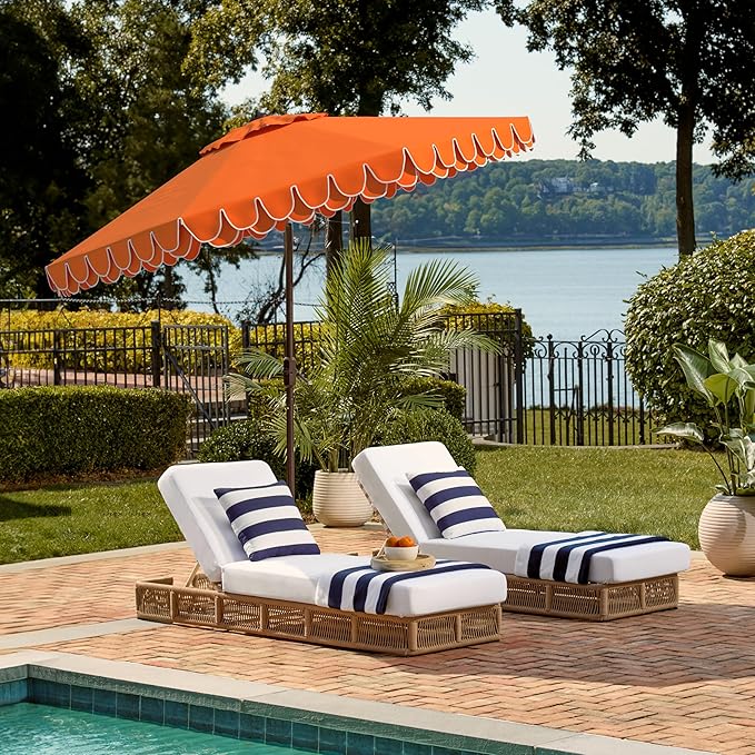 SAFAVIEH 9ft Outdoor Patio Umbrella, Round, Valance, Orange, Auto Crank Tilt, UV Resistant for Deck, Backyard, Poolside (PAT8006O)