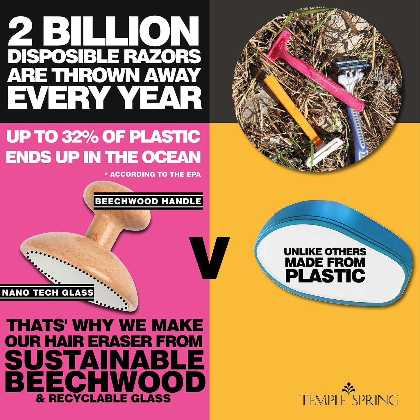 Temple Spring Curved Crystal Hair Eraser - Magic Crystal Hair Remover Stone for Legs, Back and Body - Exfoliating Painless Hair Removal for Silky Smooth Skin - Beechwood