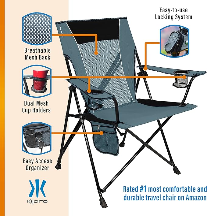 Kijaro Portable Camping Chairs - Enjoy the Outdoors with a Versatile Folding Sports Chair for Outdoor & Lawn - Dual Lock Feature Locks Position – Hallet Peak Gray