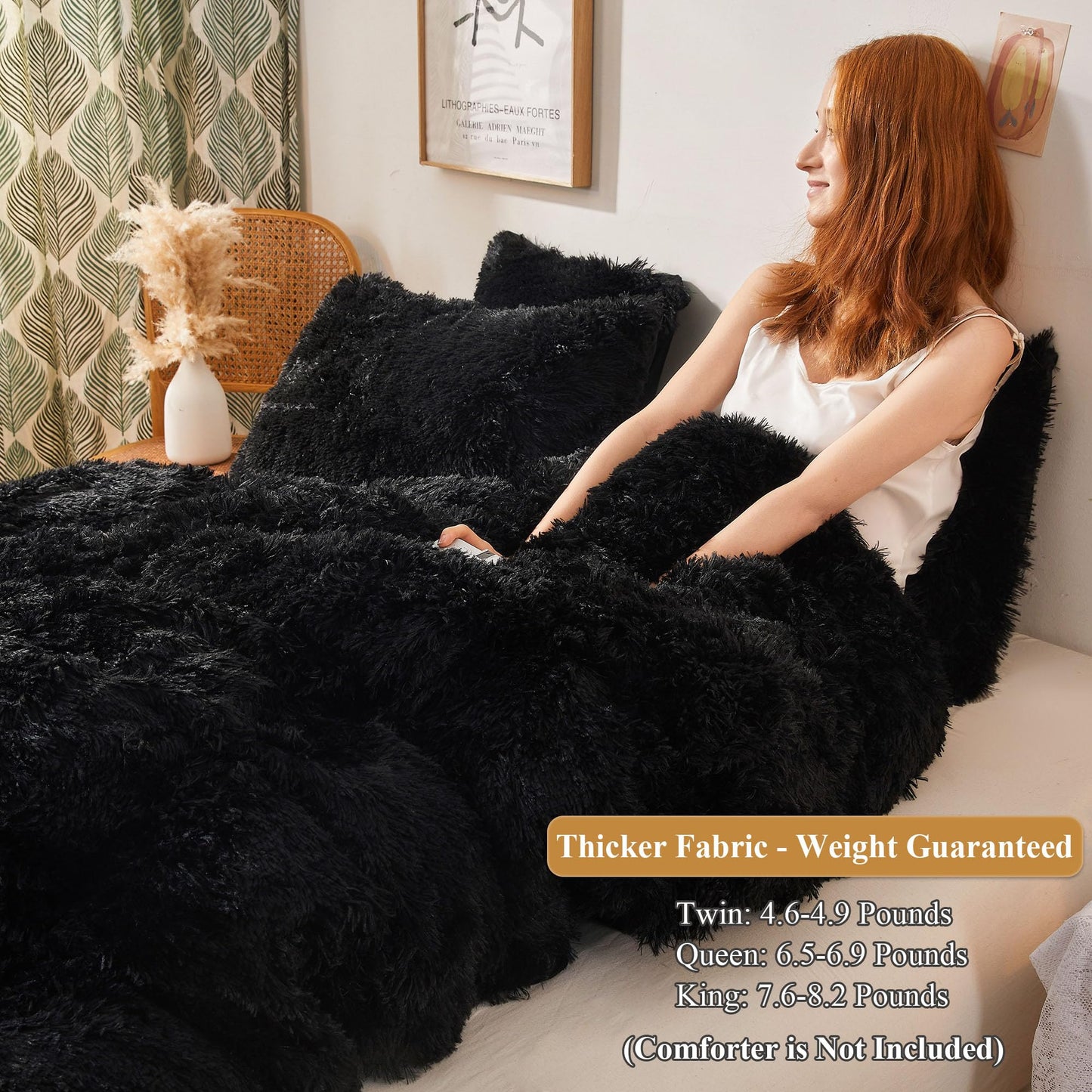 XeGe Plush Shaggy Duvet Cover Set, Luxury Ultra Soft Crystal Velvet Fluffy Bedding Sets 2 Pieces(1 Faux Fur Furry Comforter Cover + 1 Fuzzy Faux Fur Pillow Case), Zipper Closure (Twin, Black)