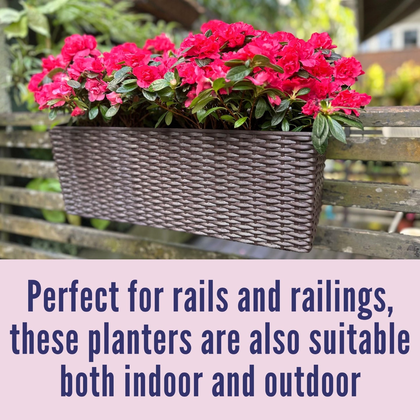 LaLaGreen Deck Railing Planter Box (20 Inch, 4 Pack) Brown Rectangular Window Flower Boxes with Bracket, Self Watering System Hanging Planter Box for Outdoor Plant Container Herb Rail Fence Balcony