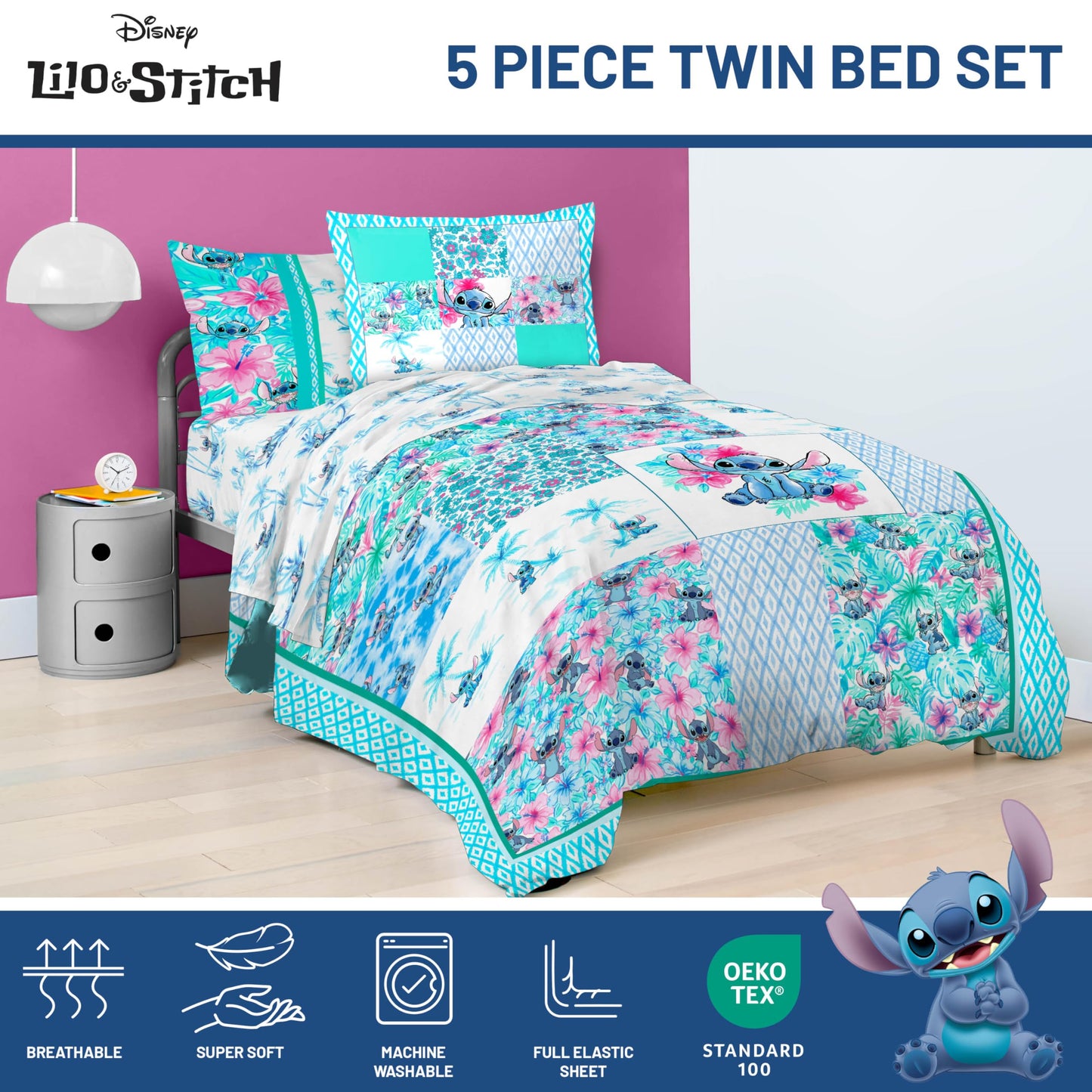 Jay Franco Kids Comforter Set Includes Sheets and Pillow Covers - Soft and Cozy Bed Set for Stylish Room Decor, Multi - Lilo and Stitch 02, 5 Piece Twin Bedding