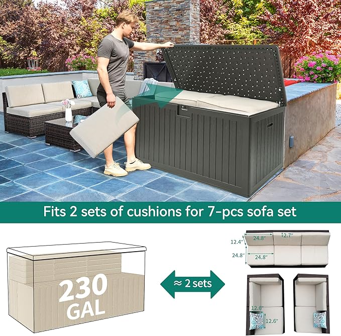 YITAHOME XXL 230 Gallon Large Deck Box,Outdoor Storage for Patio Furniture Cushions,Garden Tools with Flexible Divider,Waterproof,Lockable (Light Brown)