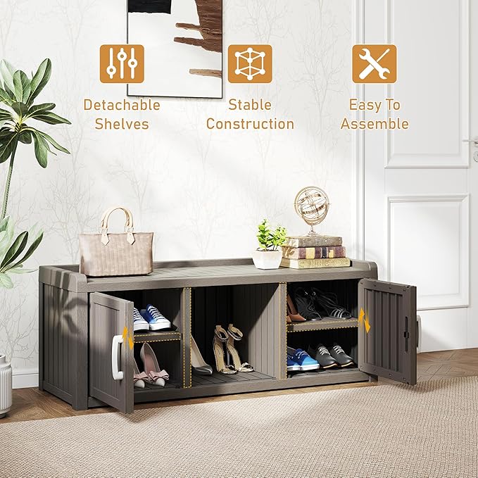 2-Tier Storage Bench, Waterproof UV-Resistant Outdoor Shoe Storage Cabinet with 2 Doors & Adjustable Shelves for Indoor Outdoor Entryway, Hallway, Living Room(Grey)