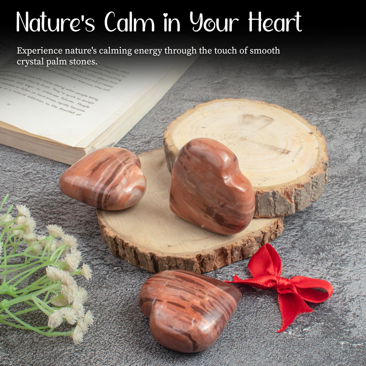 Crocon 50mm Chocolate jasper Heart stone Big Heart Shape Puff Stones Set Pocket Crystal Healing Tumble Collection Palm Worry Stone Good Luck Charm Meditation Gifts for women