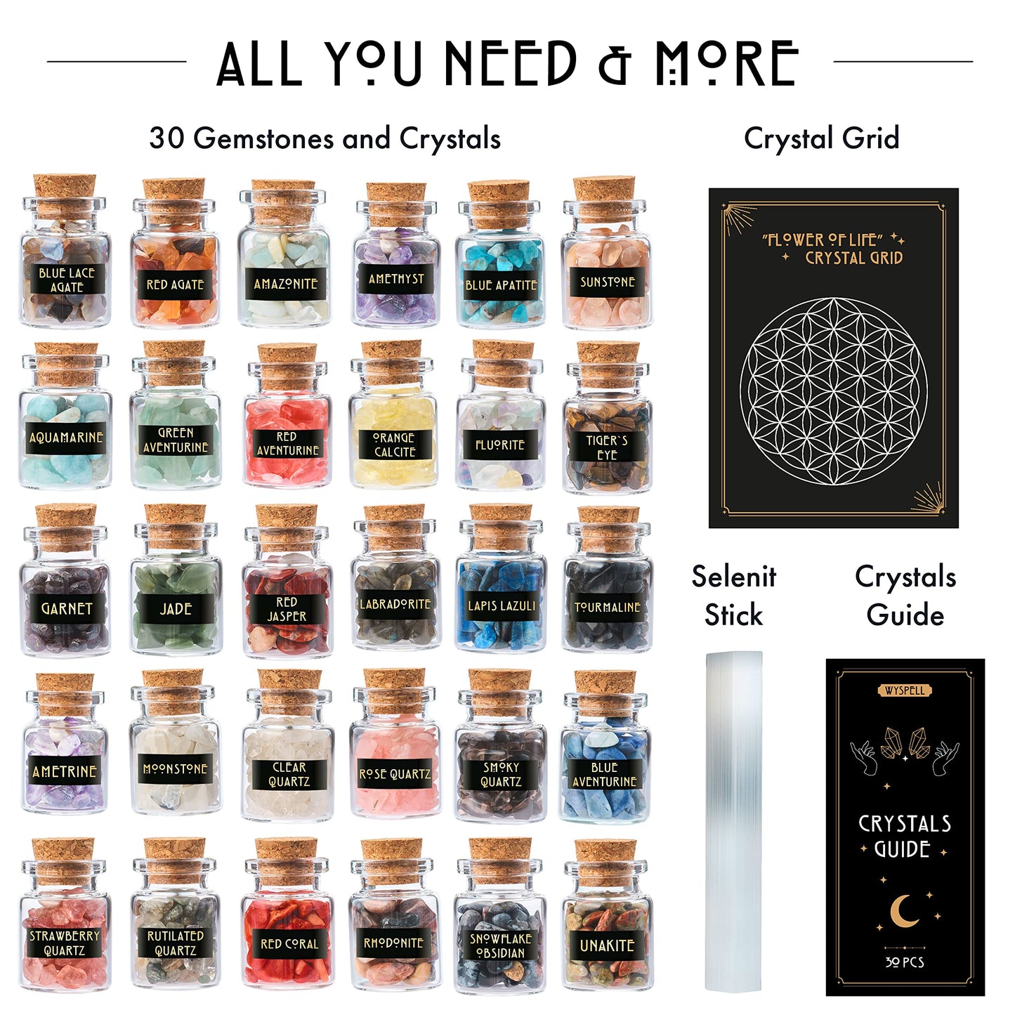 Healing Сrystals in Spell Jars 30 PCS - Real Witchcraft Crystals & Selenite Stick - Mini Gemstones for Altar - Spiritual Crystals & Stones Gifts - Wiccan Supplies & Tools