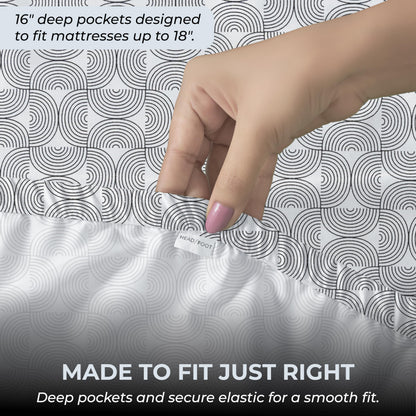 Mayil Manor Queen Size Fitted Sheet with 18" Deep Pockets, No Flat - Percale Weave Natural - Breathable 100% Cotton Printed Bedding, 1 Fitted Sheet + 2 Pillowcases - Semi Circle Print