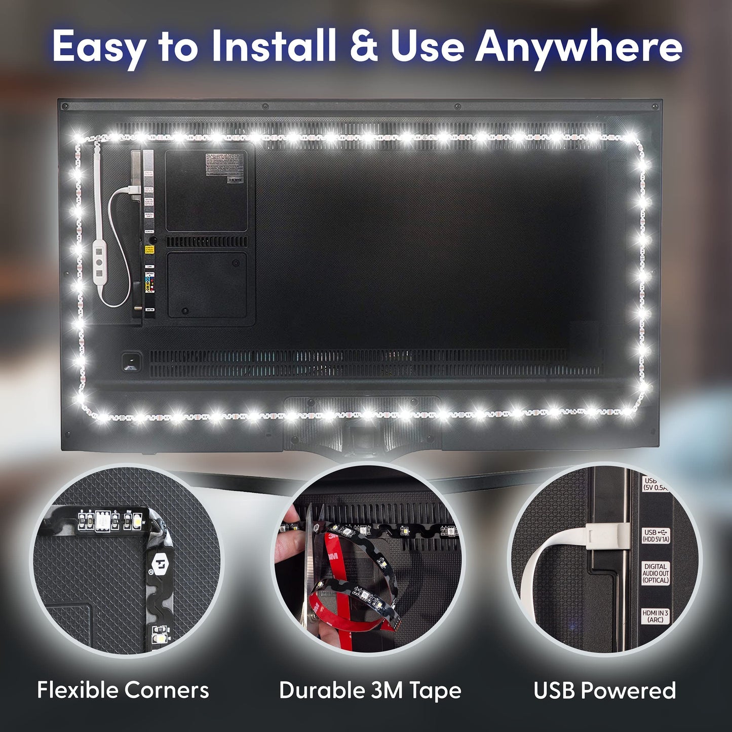 Luminoodle USB Bias Lighting - Ambient Home Theater Light, LED Backlight Strip - 6500K Accent Lighting to Reduce Eye Strain, Improve Contrast ... (Lar