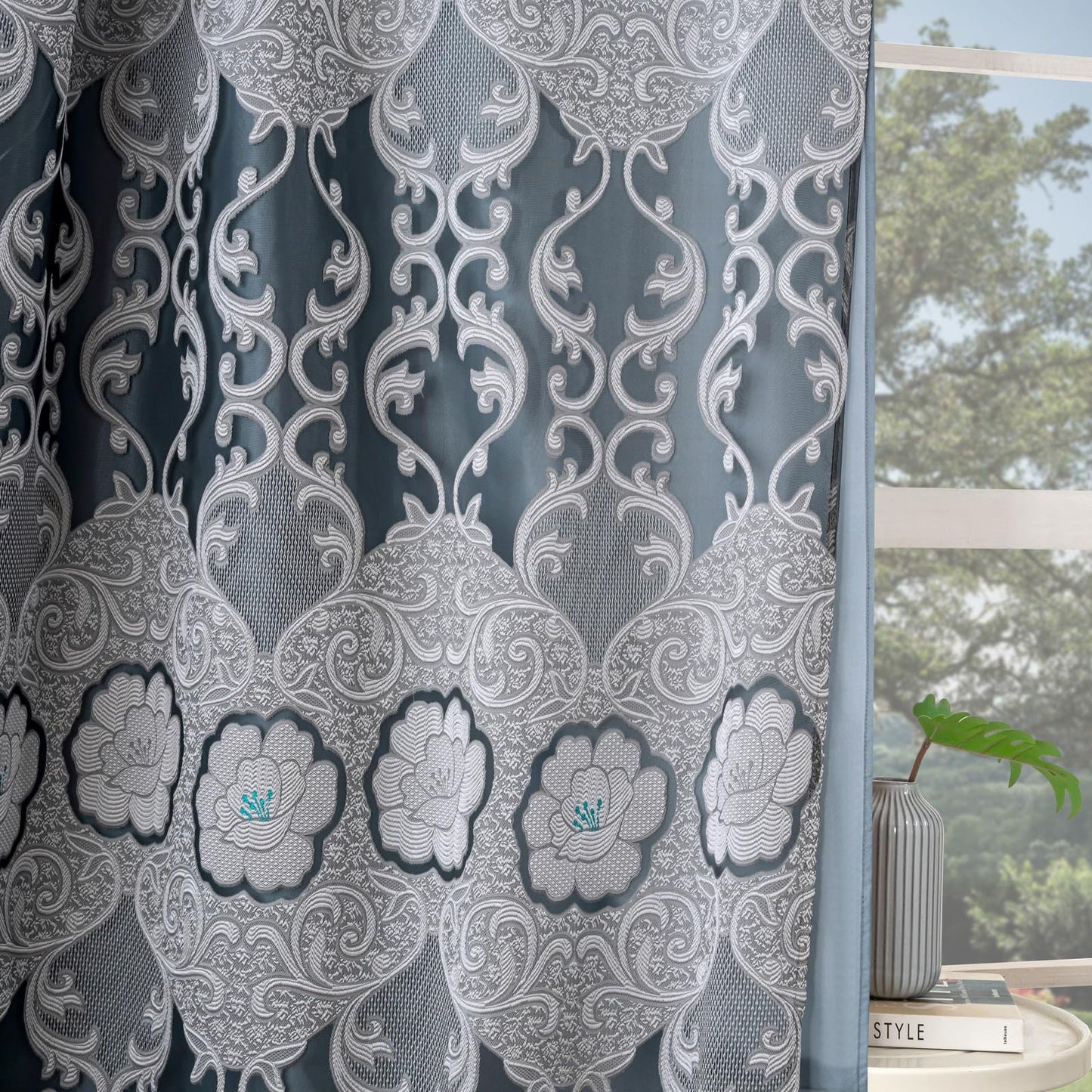 Petrichor Gray Sheer Jacquard Voile Curtains （54" W x 84" L）, 2 Panels with Attached Valance, Double Layer Floral Cutwork Design with Luxurious Texture, Rod Pocket, for Bedroom & Living Room