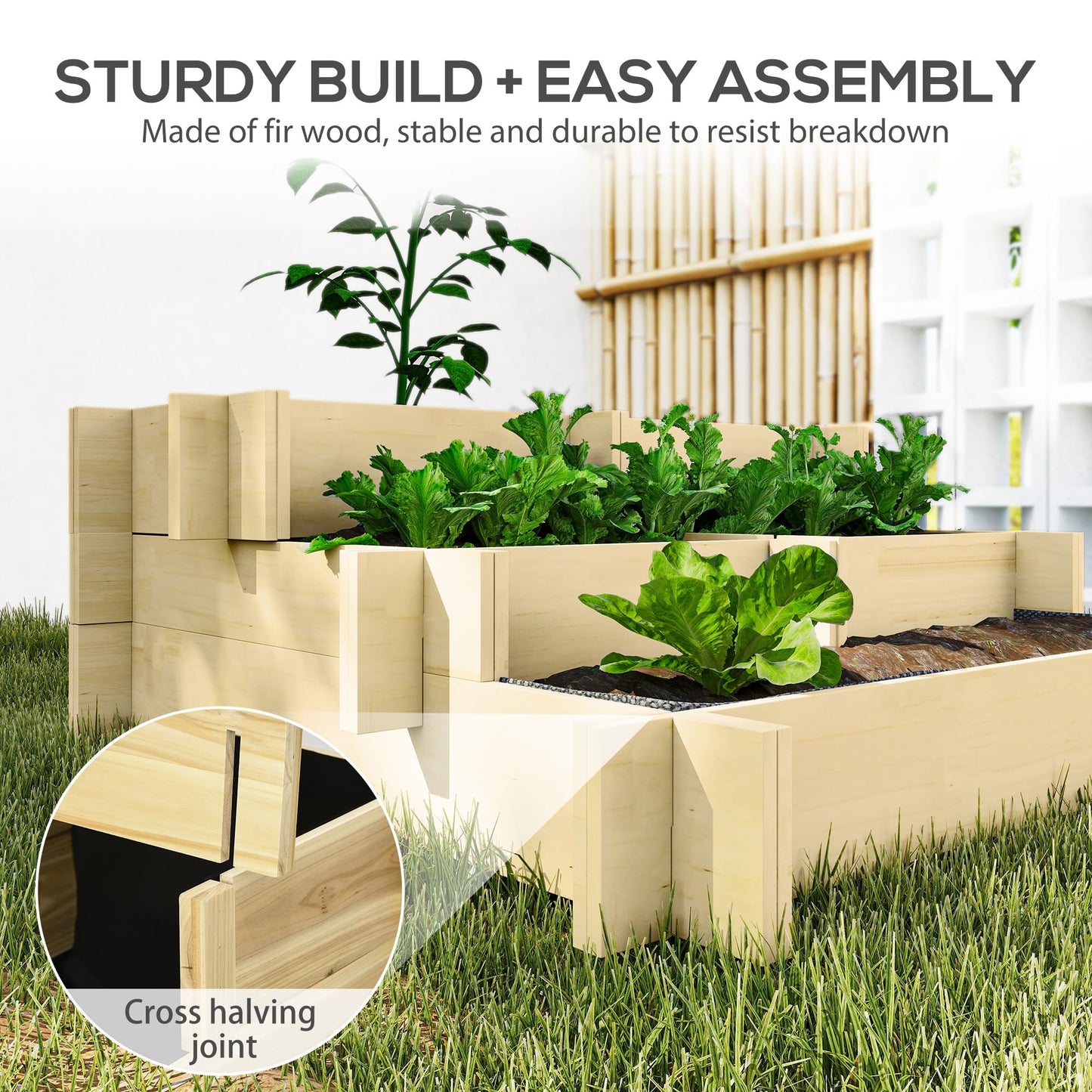 Outsunny 3-Tier Raised Garden Bed with 5 Compartments and Bed Liner, Fir Wood Elevated Planter Box, for Vegetables, Herbs, Outdoor Plants, 37 x 37 x 14in, Natural