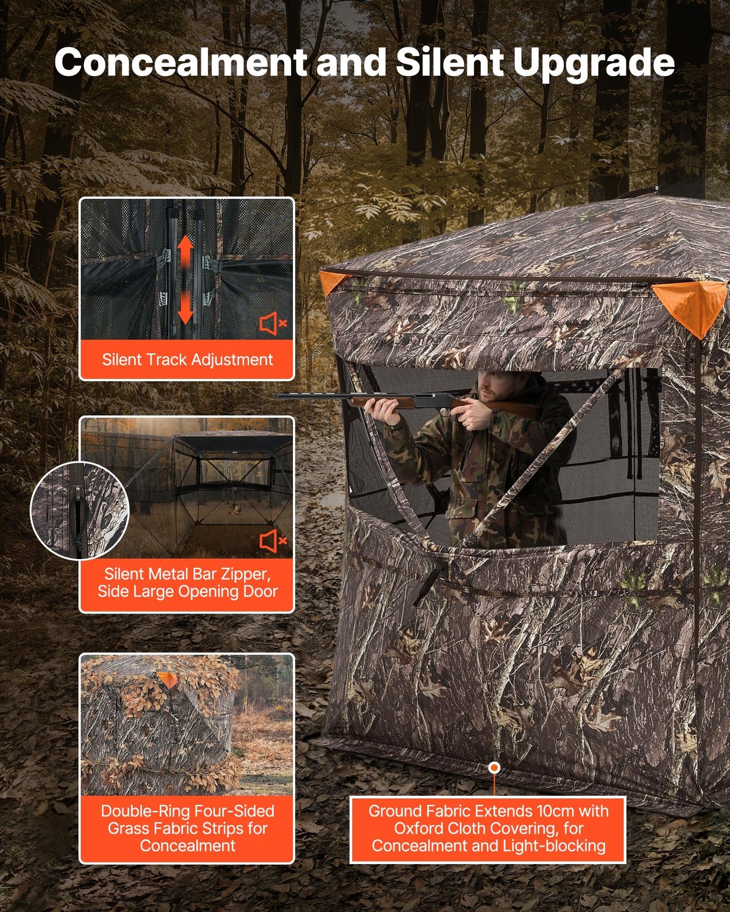 VEVOR Hunting Blind，See Through Ground Blinds with Carrying Bag, 360 Degree Portable Camouflage Tent，Durable Concealed Shelter with Silent Side Door and Window, for Turkey and Deer (4-5 Person)