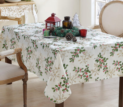 Newbridge Christmas Golden Holly Vinyl Tablecloth with Flannel Backing, Metallic Gold Holly & Berry Print, Wipe Clean Easy Care, 60 x 84 Inch Rectangle