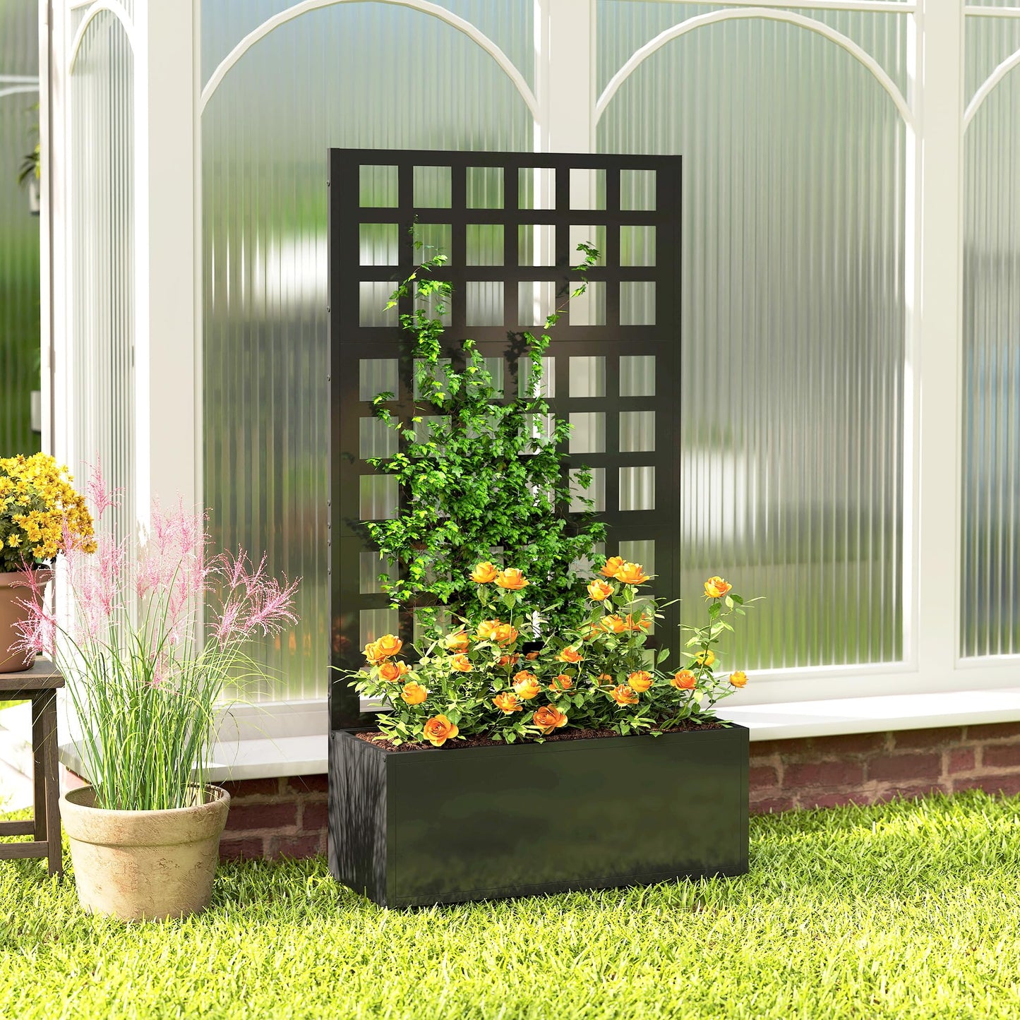 Outsunny Galvanized Raised Garden Bed with Trellis, Metal Planter Box with Drainage Holes, Outdoor Privacy Screen for Climbing Plants, Vegetable, Vines, 24" x 9" x 44.5", Black