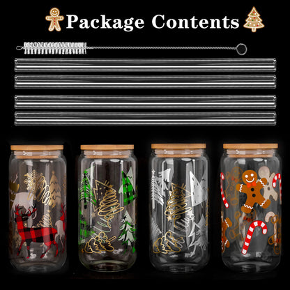 Christmas Cups, 18oz Christmas Iced Coffee Glass Cups with Lids and Straws White Elephant Gifts for Adults Colorful Xmas Tree Elk Tumbler Drinking Glasses Christmas Teacher Gifts for Women Men