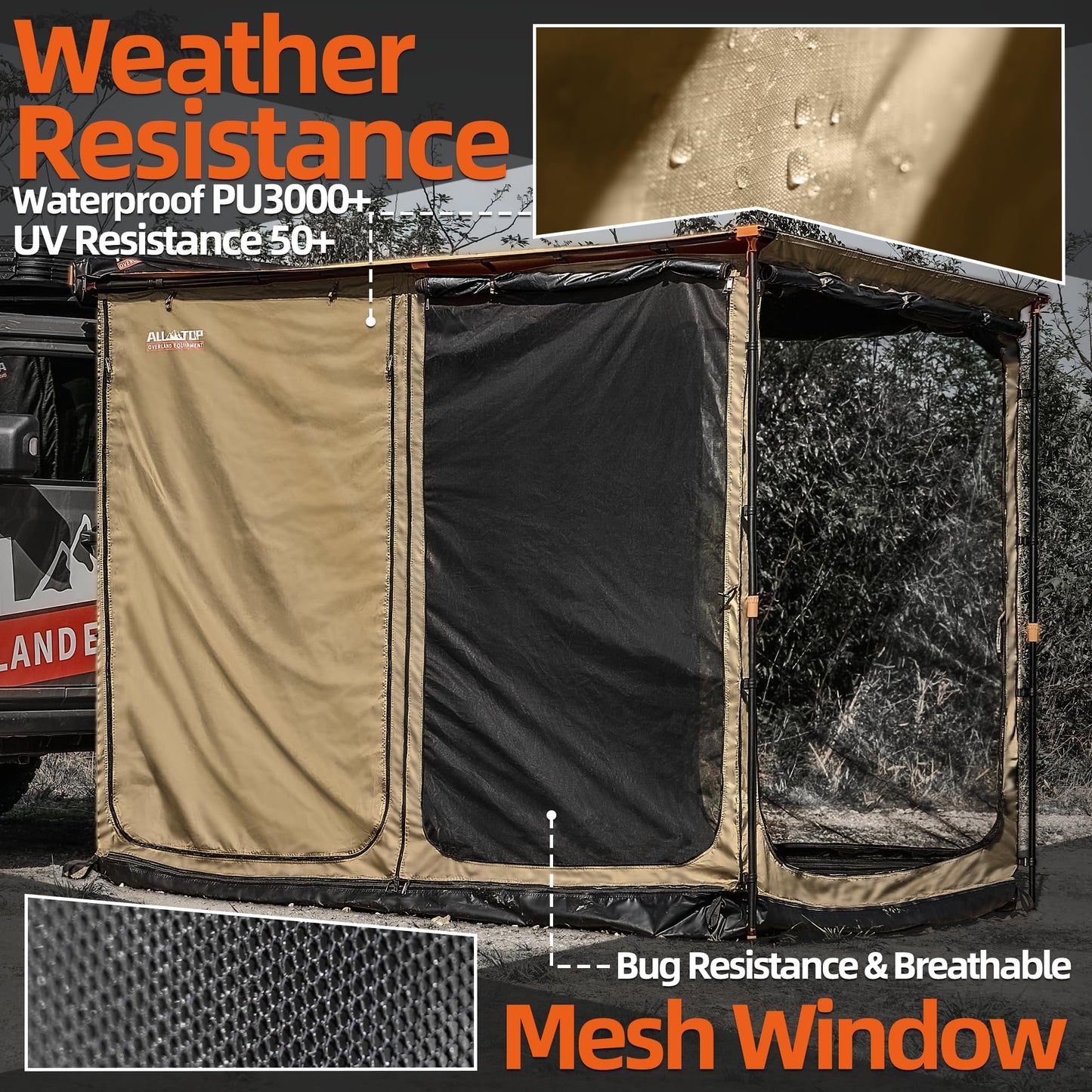 ALL-TOP Awning Room with Floor 8.2' x 8.2' Rip-Stop 210D Oxford Awning Tent with Bug-Resistance Mesh, Waterproof Sun Shelter for Overland, Camping(Black Coating, Room Only)