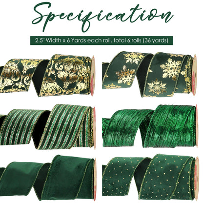HUIHUANG Christmas Ribbon Wired Green Velvet Christmas Tree Ribbon Green and Gold Wired Ribbons for X-mas Tree, Wreath, Garland, Bows, Home Decor (2-1/2" X 6 Rolls, 36 Yds Total)