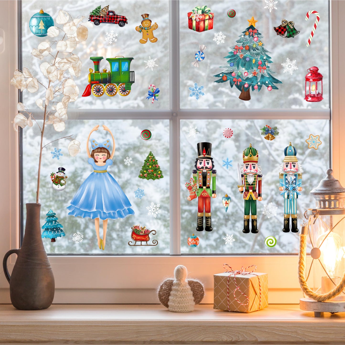 Christmas Nutcracker Wall Stickers Decoration 12 Sheets, Christmas Wall Decals Holiday Nutcracker Decor, Winter Snowflake Vinyl Stickers for Living Room Bedroom Home Office