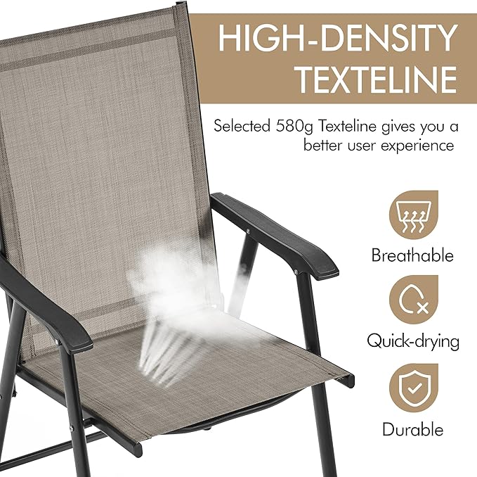 Yaheetech Outdoor Patio Chairs Set of 4, Portable Dining Chairs with Armrests for Camping, Lawn Yard Beach, Folding Outdoor Chairs 4-Pack with Metal Frame, Brown