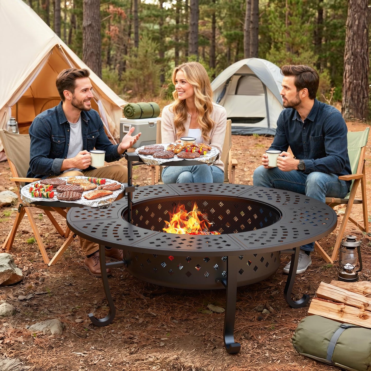 Outdoor Fire Pit, 48" Fire Pit for Outside Wood Burning with Adjustable 2 Grills, Firepit with Lid and Fire Poker, BBQ, Bonfire, Round Outdoor Fireplace 3 in 1 for Patio, Backyard, Garden, Camping
