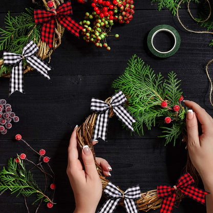 WILLBOND 36 Pieces Christmas Buffalo Plaid Bows Small Bows Christmas Tree Ornaments Checkered for Wreaths Decoration(Red and Black)