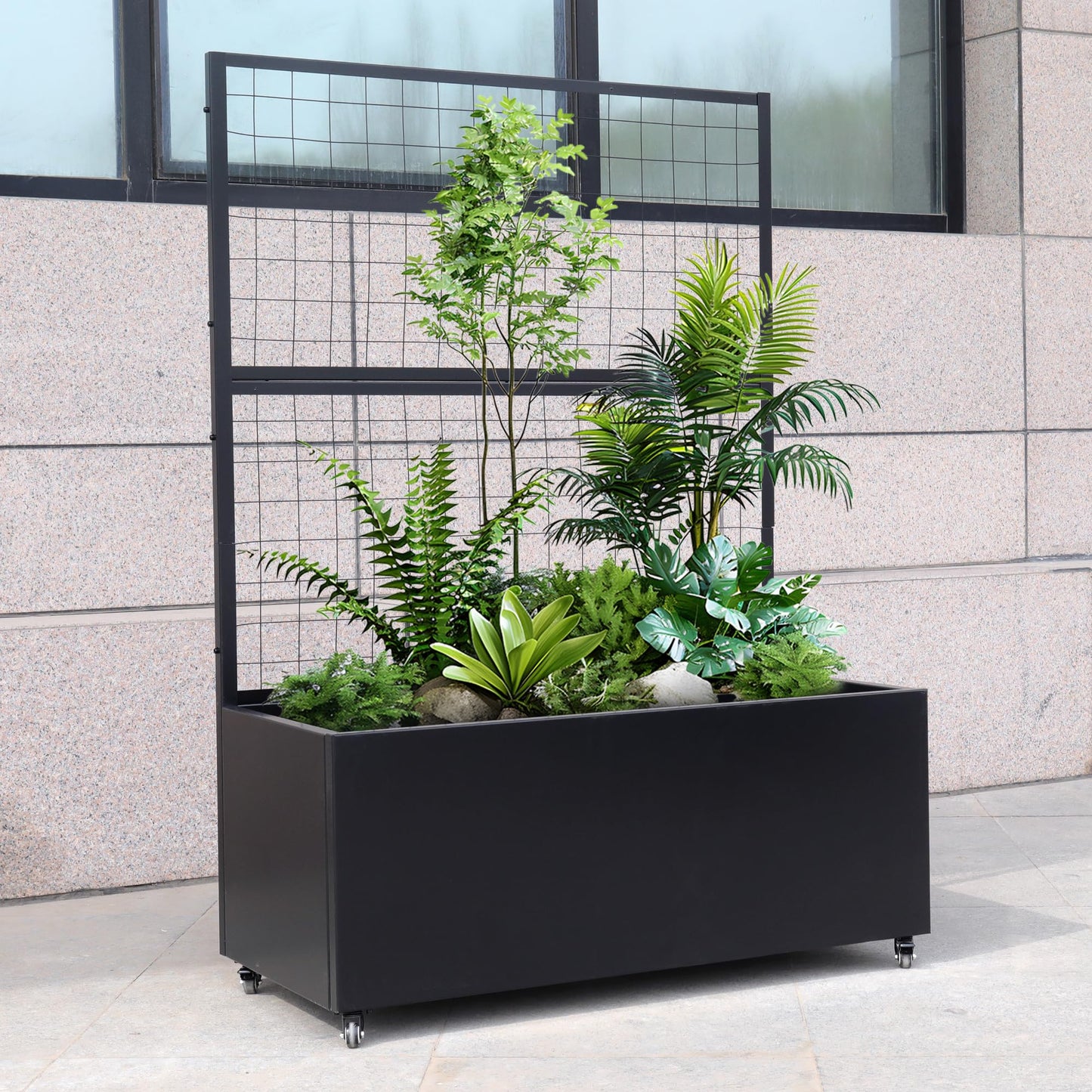 Metal Rolling Planter Box with Lattice Trellis – Modern COR-Ten Steel Trough on Casters | 66” x 46” x 21” (Black)