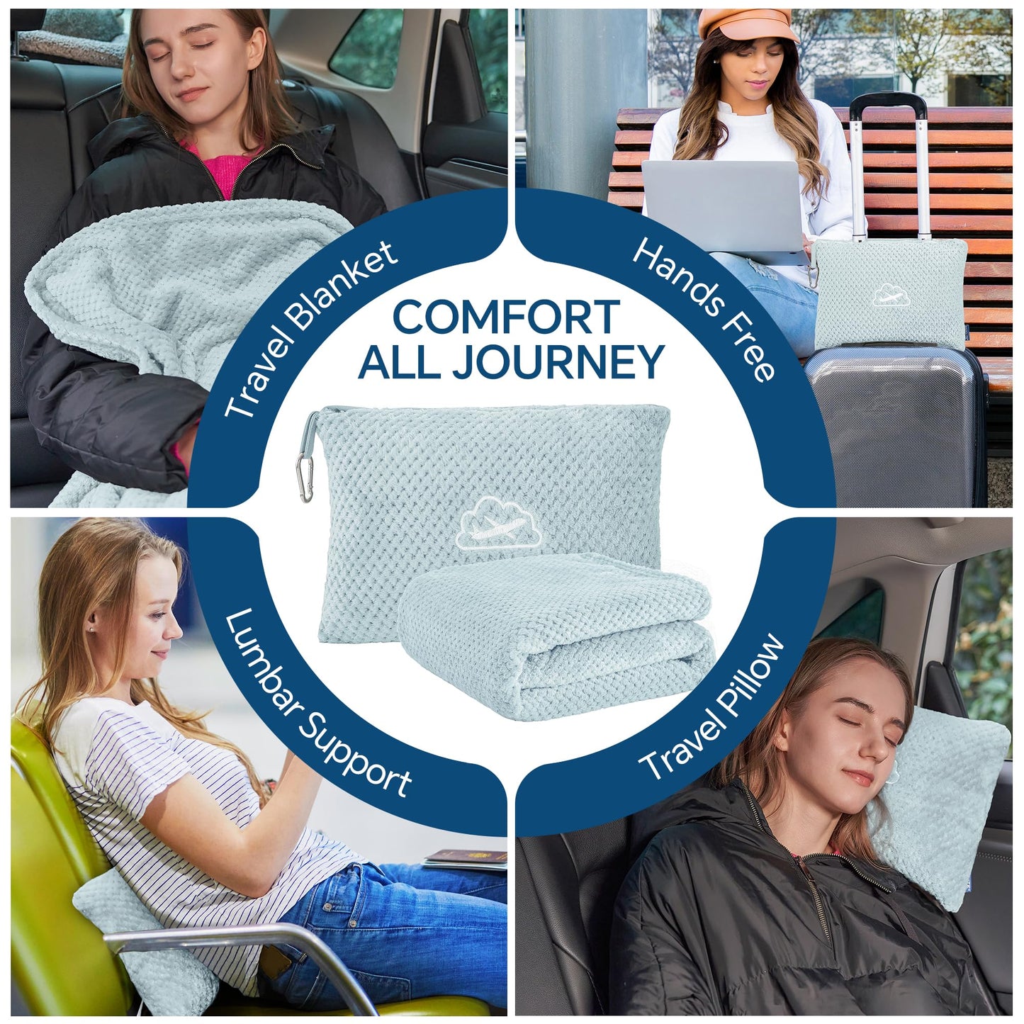 BEDELITE Travel Blanket and Pillow Set 2-in-1, Ultra-Soft Jacquard Fleece Blanket with Bag, Airplane Blanket with Luggage Sleeve & Backpack Clip Travel Essentials, Blue