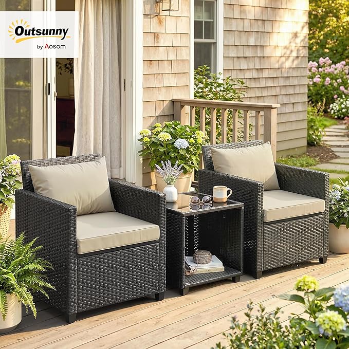 Outsunny 3 Piece Patio Furniture Set, Wicker Outdoor Bistro Set